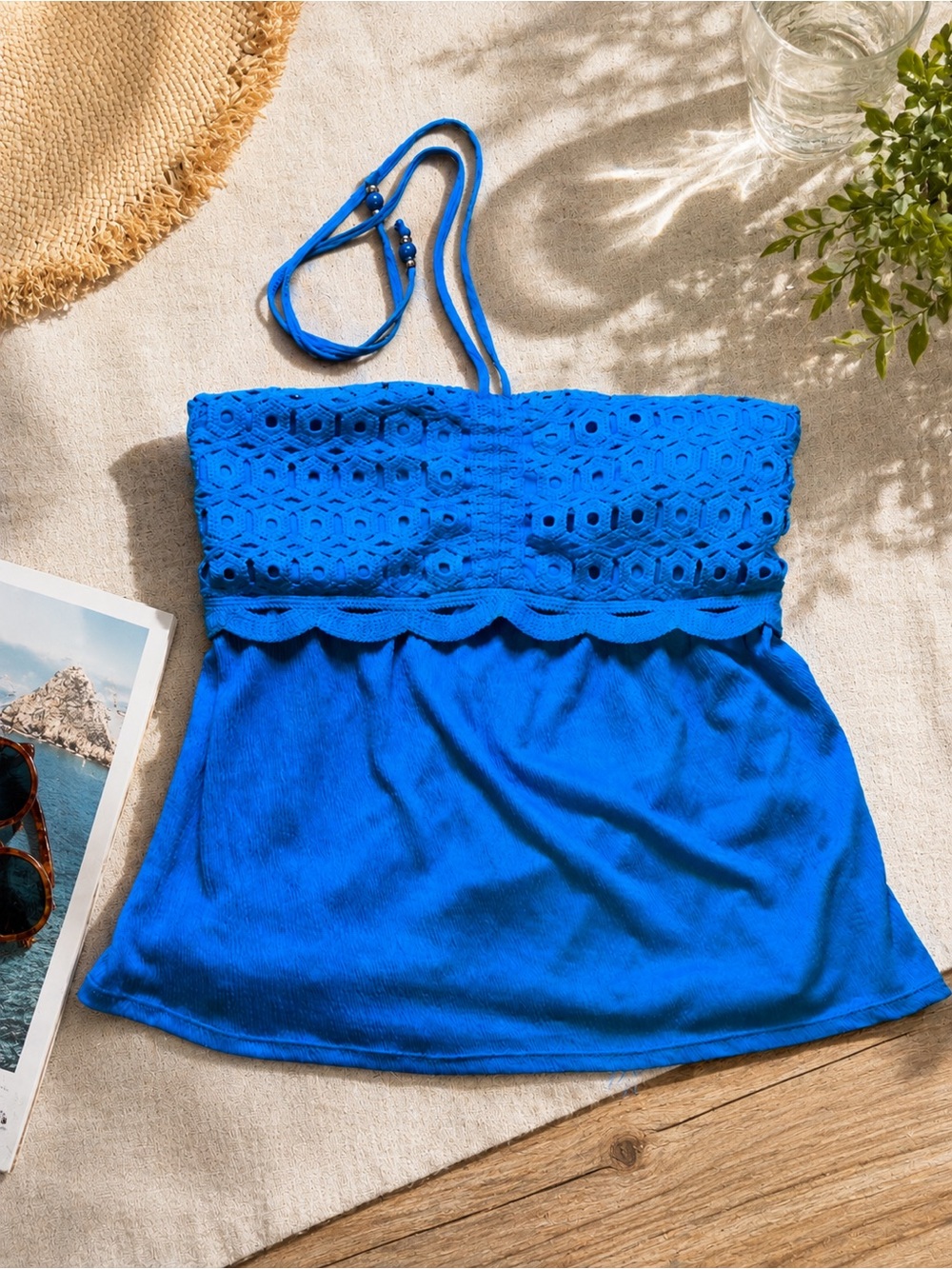 No Boundaries Blue Crochet Halter Tank Top Size L Boho Summer